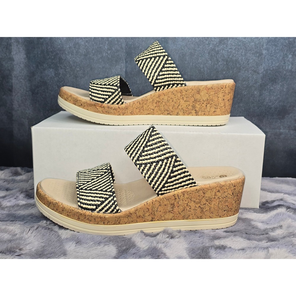 NWT Bzees Resort Wedge Sandals Black White Raffia Chevron w/ Cork Platform SZ 8